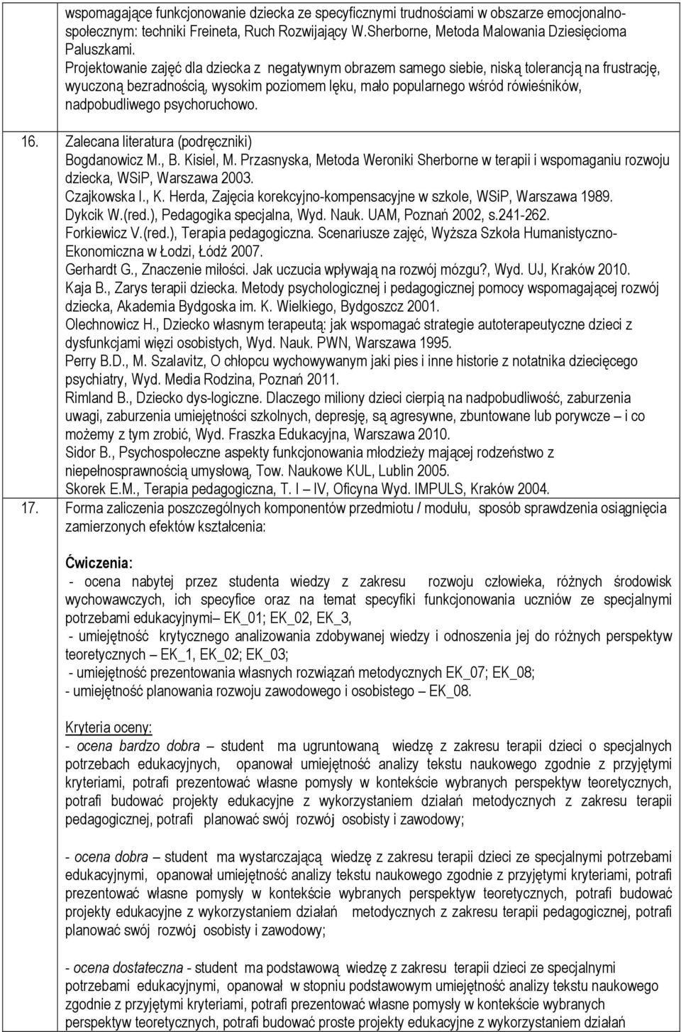 psychoruchowo. 16. Zalecana literatura (podręczniki) Bogdanowicz M., B. Kisiel, M. Przasnyska, Metoda Weroniki Sherborne w terapii i wspomaganiu rozwoju dziecka, WSiP, Warszawa 2003. Czajkowska I., K.