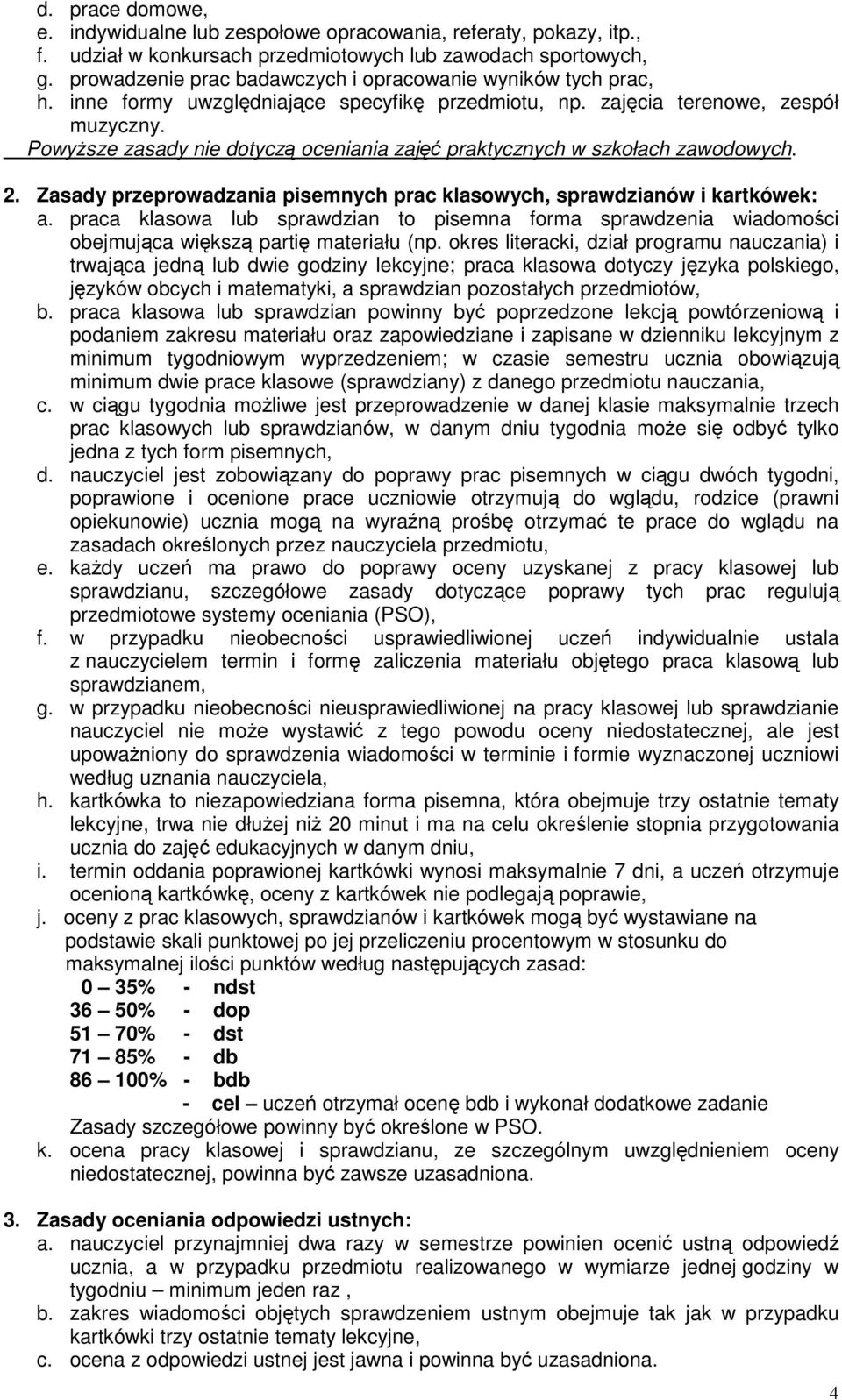 Powysze zasady nie dotycz oceniania zaj praktycznych w szkołach zawodowych. 2. Zasady przeprowadzania pisemnych prac klasowych, sprawdzianów i kartkówek: a.