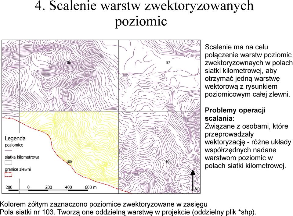 Problemy operacji scalania: Związane z osobami, które przeprowadzały wektoryzację - różne układy współrzędnych nadane warstwom
