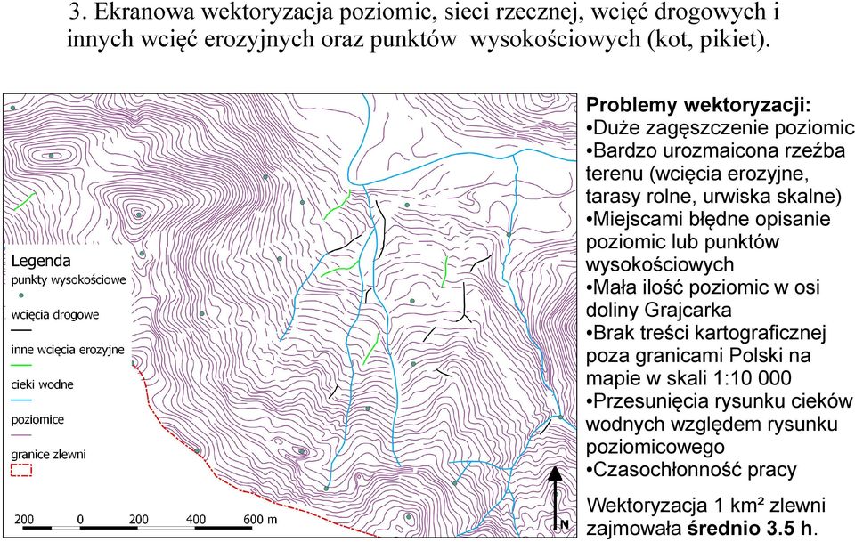 błędne opisanie poziomic lub punktów wysokościowych Mała ilość poziomic w osi doliny Grajcarka Brak treści kartograficznej poza granicami Polski