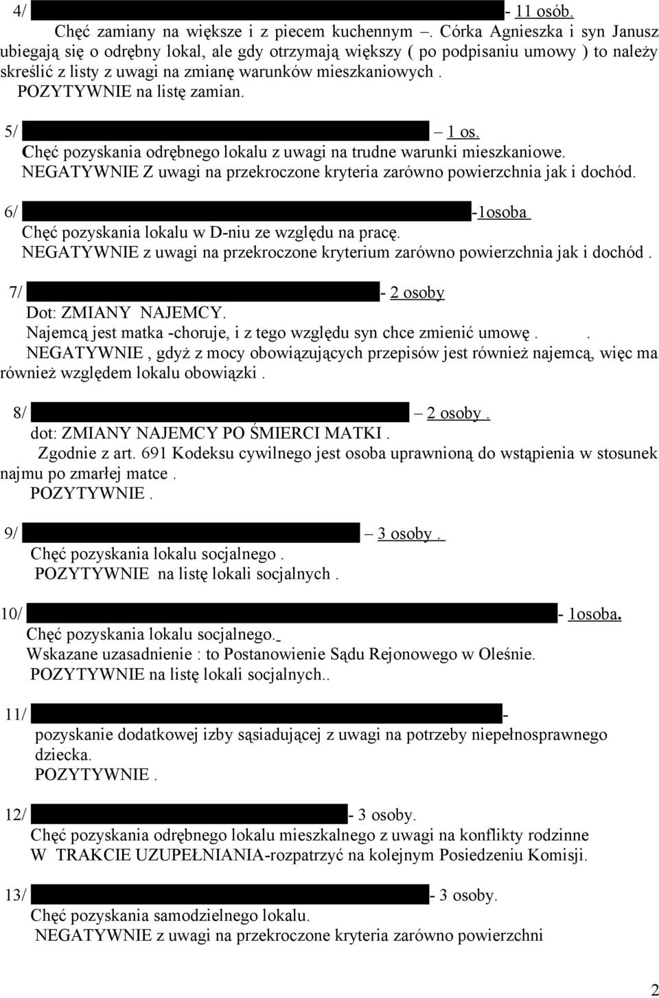 POZYTYWNIE na listę zamian. 5/ STUPIŃSKI Jarosław zam. Dobrodzień ul. Chłopska 1/25 1 os. Chęć pozyskania odrębnego lokalu z uwagi na trudne warunki mieszkaniowe.