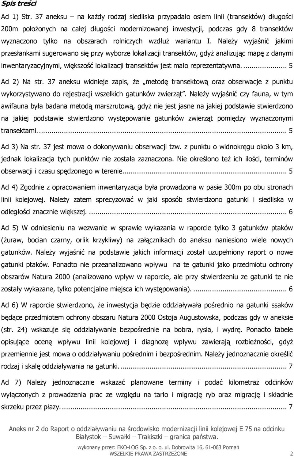 rolniczych wzdłuż wariantu I.
