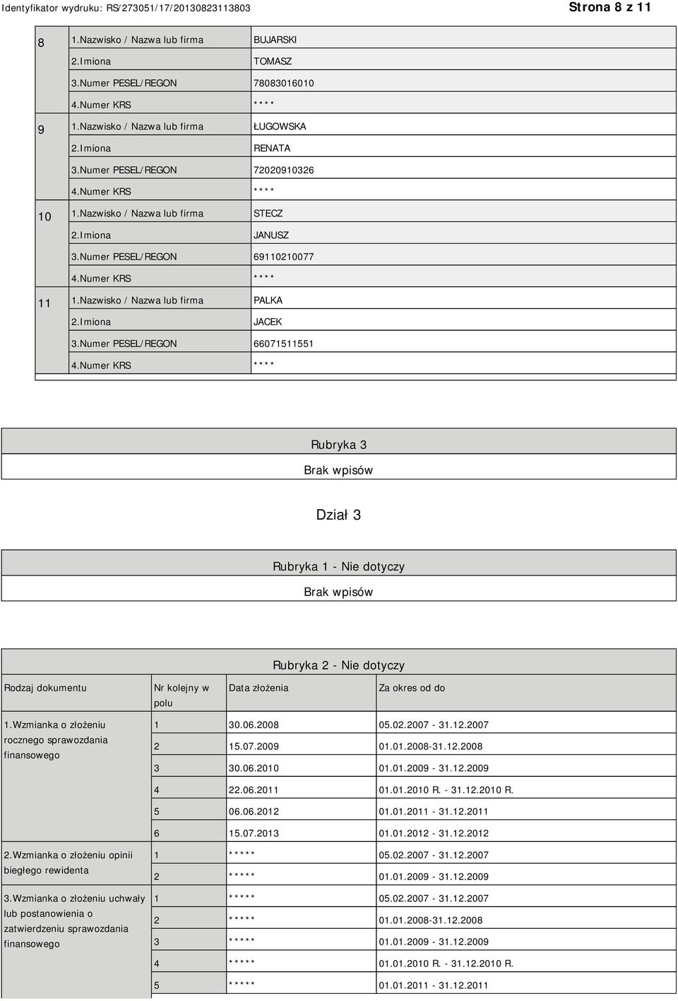 Numer PESEL/REGON 66071511551 Rubryka 3 Dział 3 Rubryka 1 - Nie dotyczy Rubryka 2 - Nie dotyczy Rodzaj dokumentu Nr kolejny w polu Data złożenia Za okres od do 1.