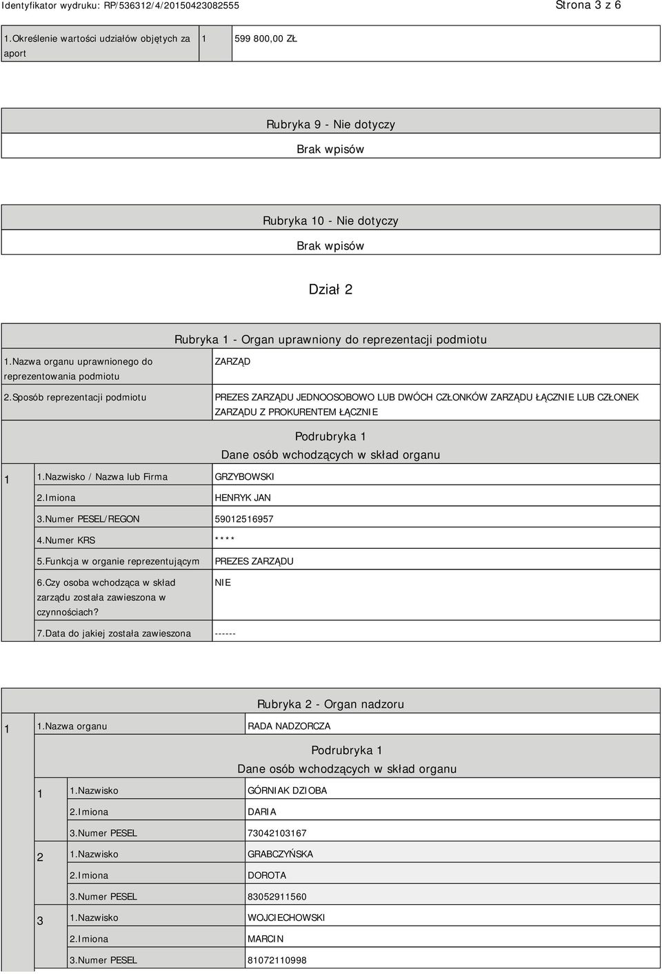 Sposób reprezentacji podmiotu ZARZĄD PREZES ZARZĄDU JEDNOOSOBOWO LUB DWÓCH CZŁONKÓW ZARZĄDU ŁĄCZNIE LUB CZŁONEK ZARZĄDU Z PROKURENTEM ŁĄCZNIE 1 1.