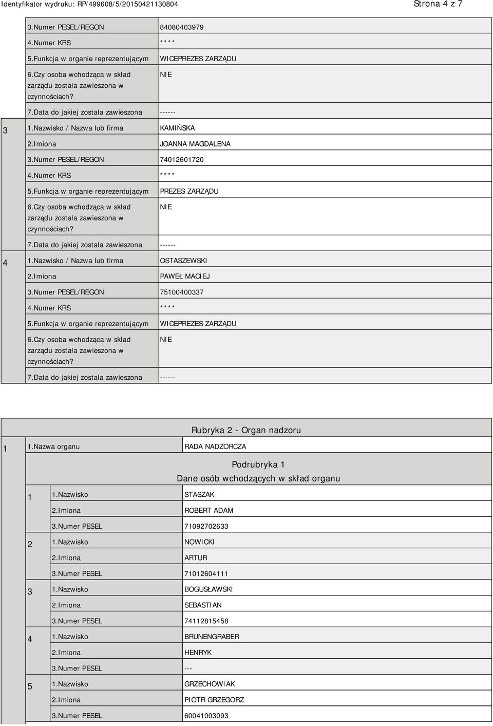 Numer PESEL/REGON 75100400337 WICEPREZES ZARZĄDU Rubryka 2 - Organ nadzoru 1 1.Nazwa organu RADA NADZORCZA Dane osób wchodzących w skład organu 1 1.