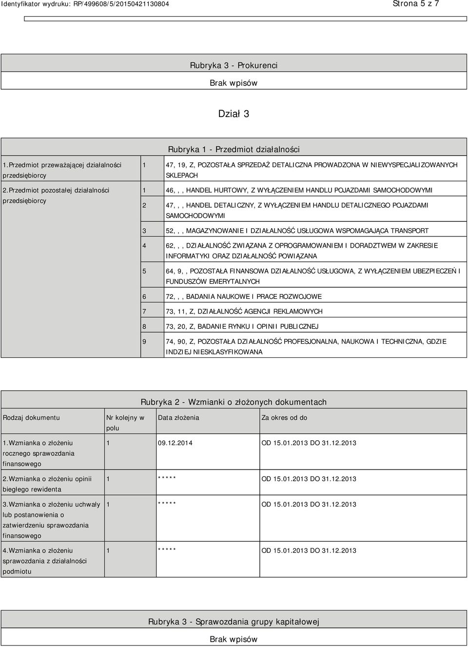 2 47,,, HANDEL DETALICZNY, Z WYŁĄCZEM HANDLU DETALICZNEGO POJAZDAMI SAMOCHODOWYMI 3 52,,, MAGAZYNOWA I DZIAŁALNOŚĆ USŁUGOWA WSPOMAGAJĄCA TRANSPORT 4 62,,, DZIAŁALNOŚĆ ZWIĄZANA Z OPROGRAMOWAM I