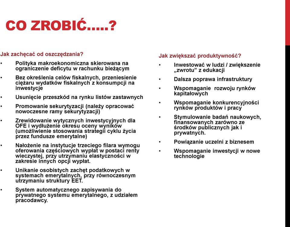 przeszkód na rynku listów zastawnych Promowanie sekurytyzacji (należy opracować nowoczesne ramy sekurytyzacji) Zrewidowanie wytycznych inwestycyjnych dla OFE i wydłużenie okresu oceny wyników