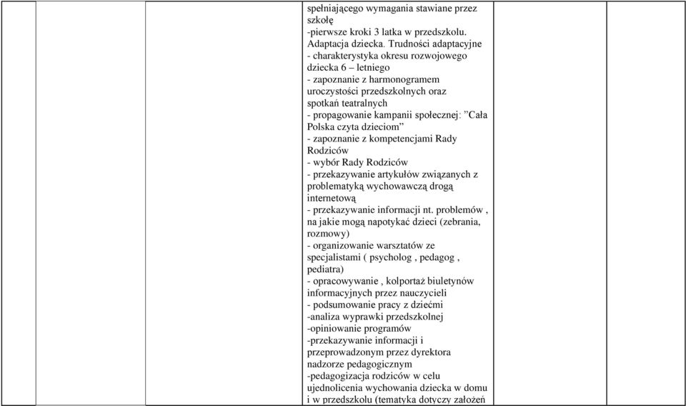 Cała Polska czyta dzieciom - zapoznanie z kompetencjami Rady Rodziców - wybór Rady Rodziców - przekazywanie artykułów związanych z problematyką wychowawczą drogą internetową - przekazywanie