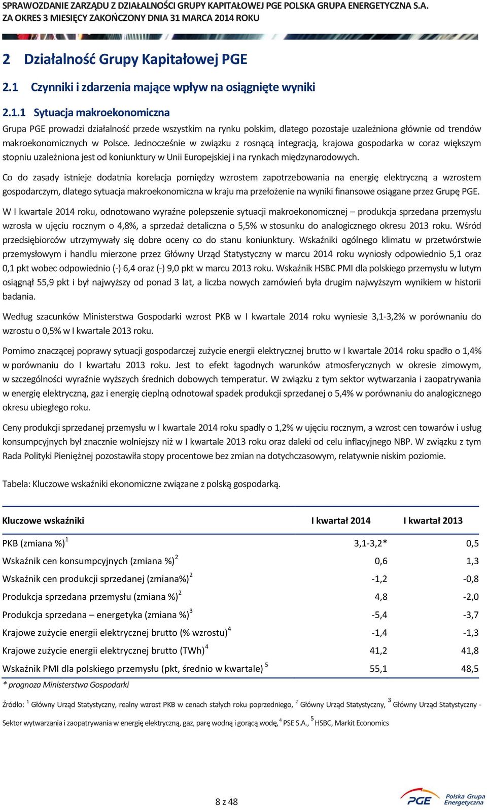 1 Sytuacja makroekonomiczna Grupa PGE prowadzi działalność przede wszystkim na rynku polskim, dlatego pozostaje uzależniona głównie od trendów makroekonomicznych w Polsce.