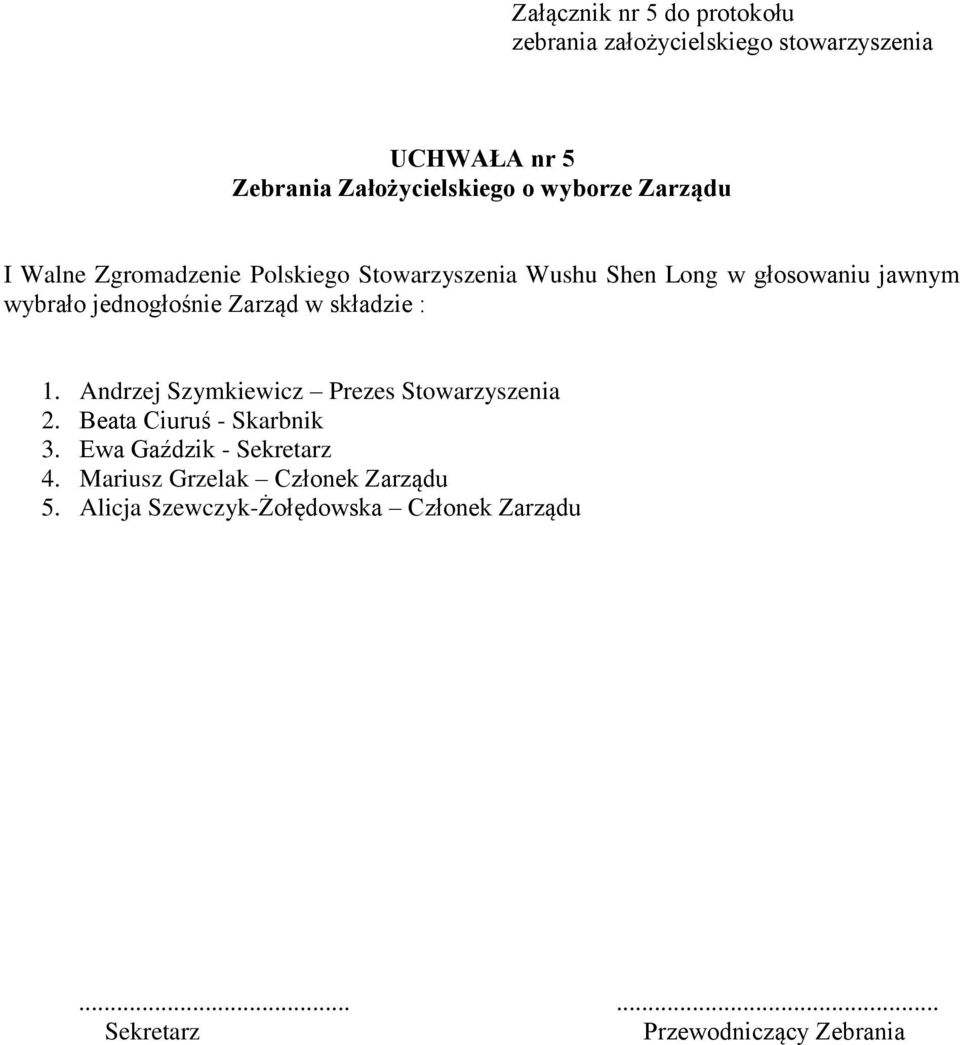 Zarząd w składzie : 1. Andrzej Szymkiewicz Prezes Stowarzyszenia 2. Beata Ciuruś - Skarbnik 3.