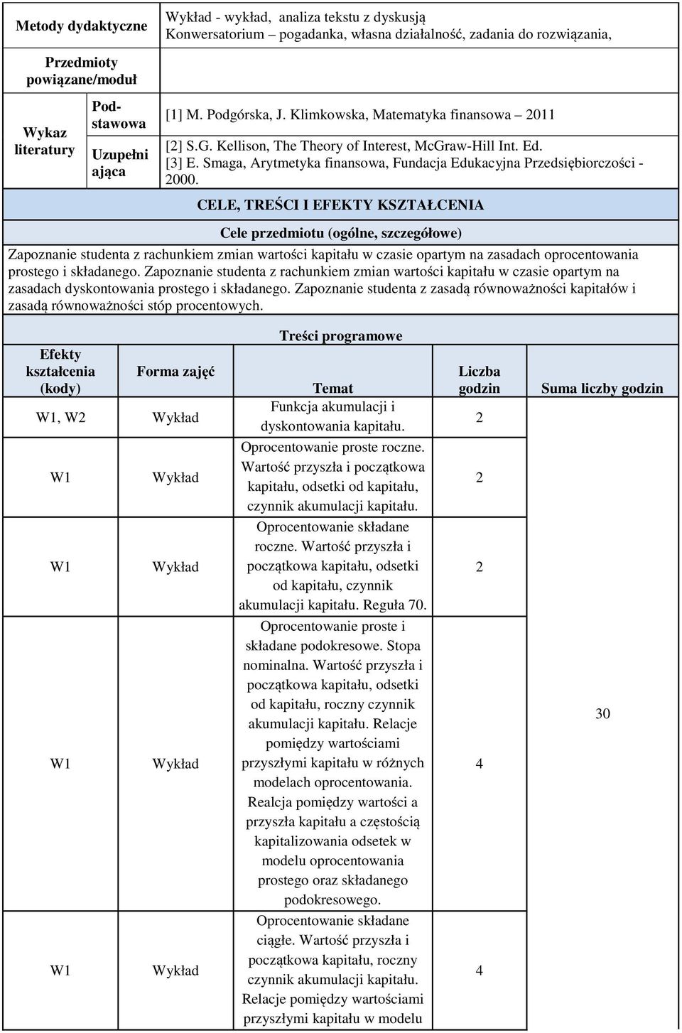 CELE, TREŚCI I EFEKTY KSZTAŁCENIA Cele przedmiotu (ogólne, szczegółowe) Zapoznanie studenta z rachunkiem zmian wartości kapitału w czasie opartym na zasadach oprocentowania prostego i składanego.