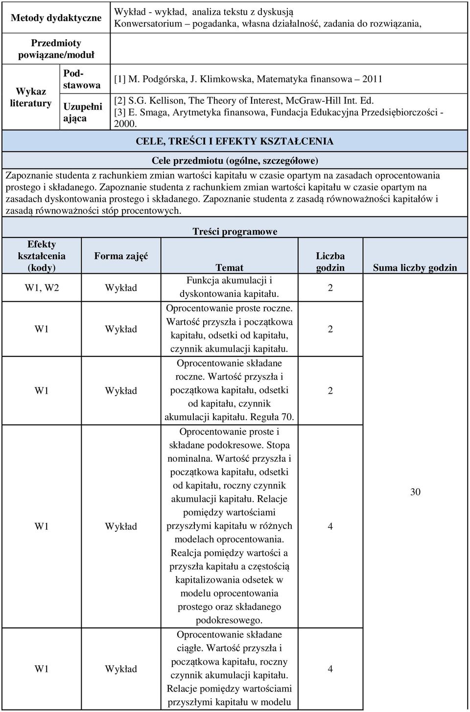 CELE, TREŚCI I EFEKTY KSZTAŁCENIA Cele przedmiotu (ogólne, szczegółowe) Zapoznanie studenta z rachunkiem zmian wartości kapitału w czasie opartym na zasadach oprocentowania prostego i składanego.