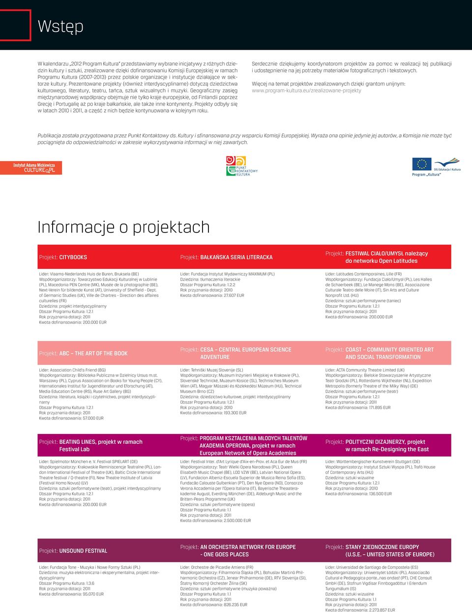 Prezentowane projekty (również interdyscyplinarne) dotyczą dziedzictwa kulturowego, literatury, teatru, tańca, sztuk wizualnych i muzyki.