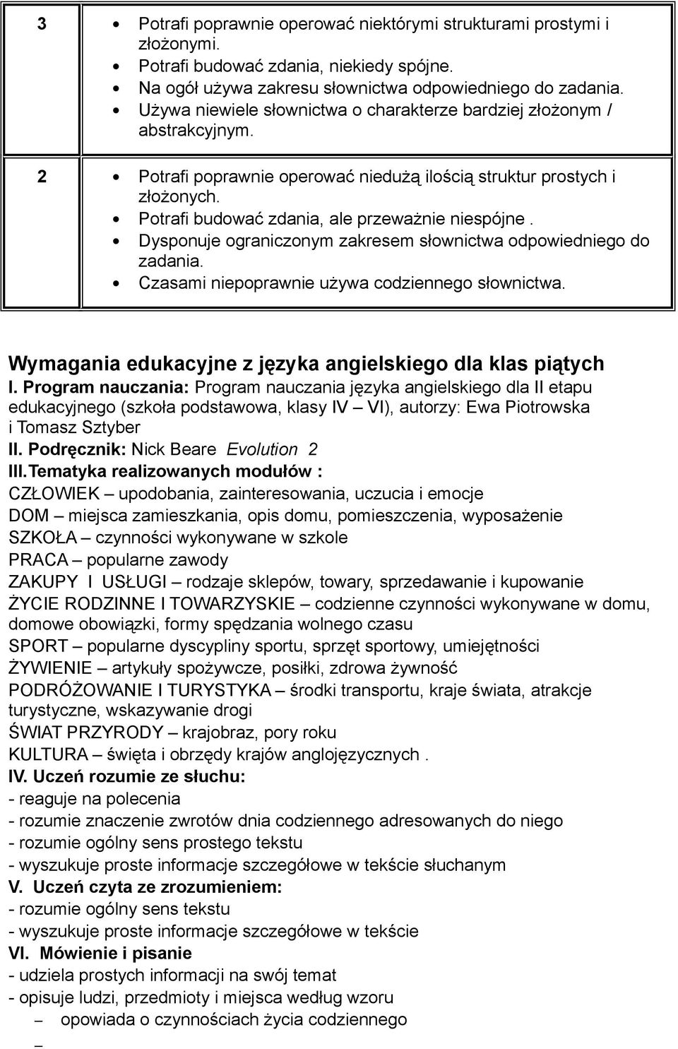 Dysponuje ograniczonym zakresem słownictwa odpowiedniego do zadania. Czasami niepoprawnie używa codziennego słownictwa. Wymagania edukacyjne z języka angielskiego dla klas piątych I.