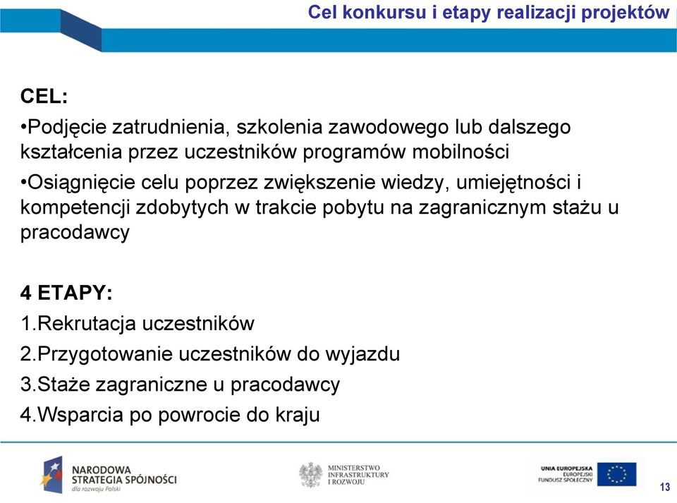 umiejętności i kompetencji zdobytych w trakcie pobytu na zagranicznym stażu u pracodawcy 4 ETAPY: 1.