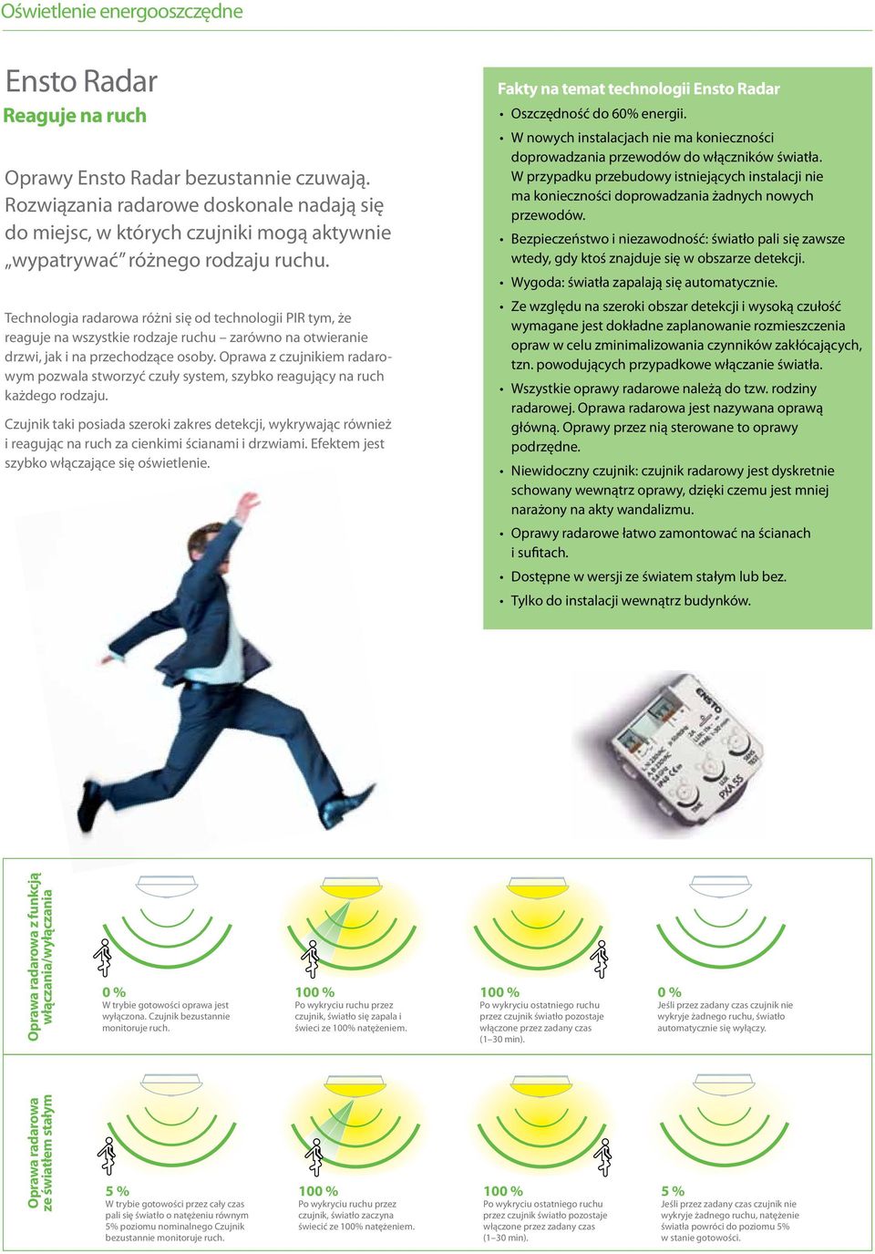 Technologia radarowa różni się od technologii PIR tym, że reaguje na wszystkie rodzaje ruchu zarówno na otwieranie drzwi, jak i na przechodzące osoby.