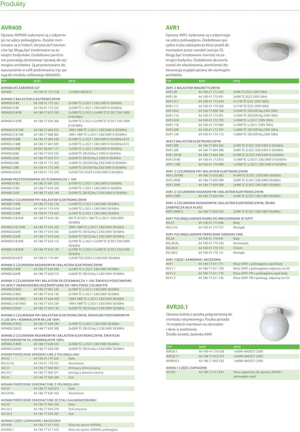 AVR400 do żarówek E27 AVR400 64 100 41 175 218 1x100W A60/E27 AVR400 z balastem elektronicznym AVR400.018E 64 100 41 175 331 2x18W TC-L/2G11 230/240V 0-50/60Hz AVR400.