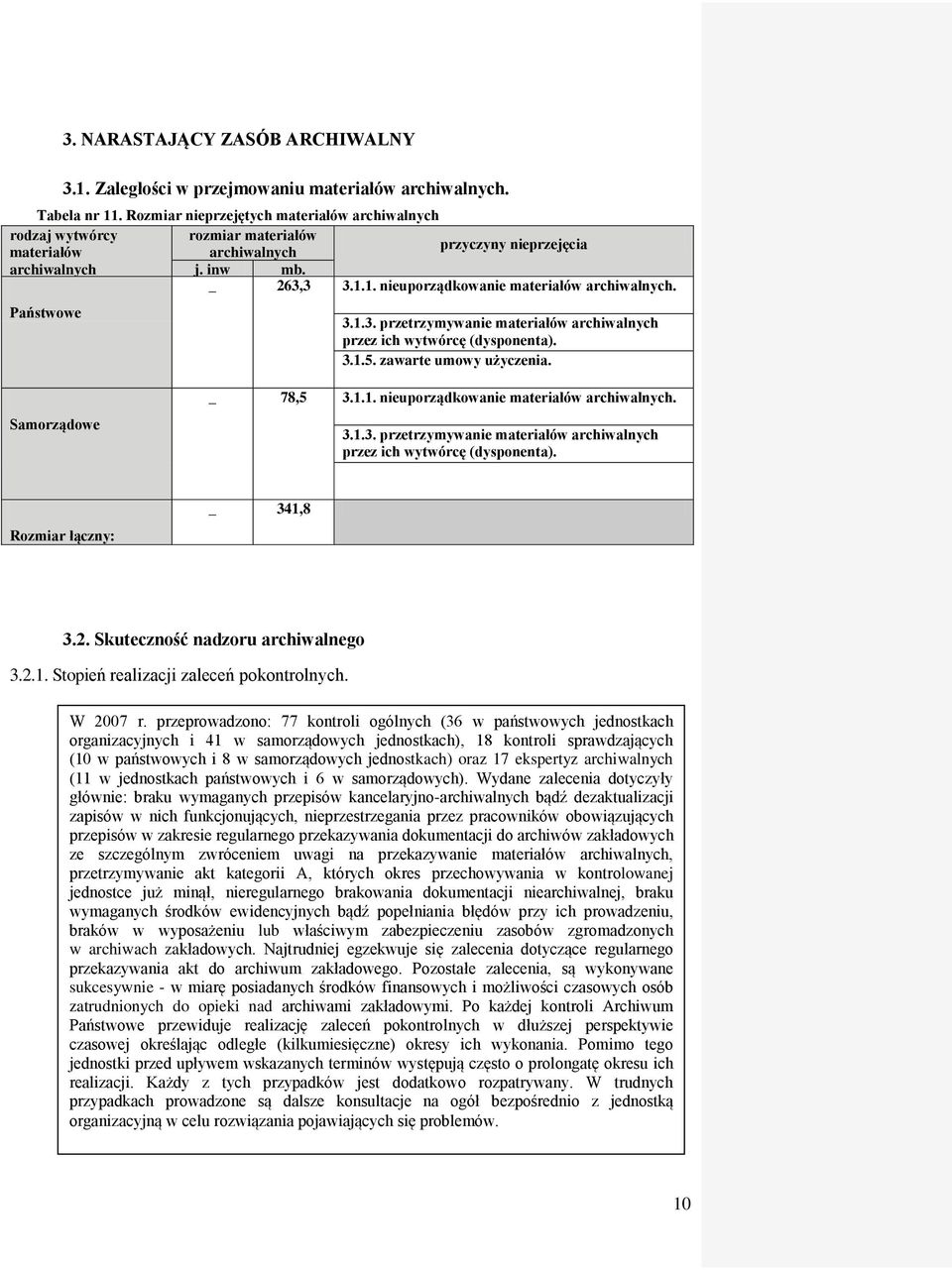 1. nieuporządkowanie materiałów archiwalnych. Państwowe 3.1.3. przetrzymywanie materiałów archiwalnych przez ich wytwórcę (dysponenta). 3.1.5. zawarte umowy użyczenia. Samorządowe _ 78,5 3.1.1. nieuporządkowanie materiałów archiwalnych. 3.1.3. przetrzymywanie materiałów archiwalnych przez ich wytwórcę (dysponenta). Rozmiar łączny: _ 341,8 3.