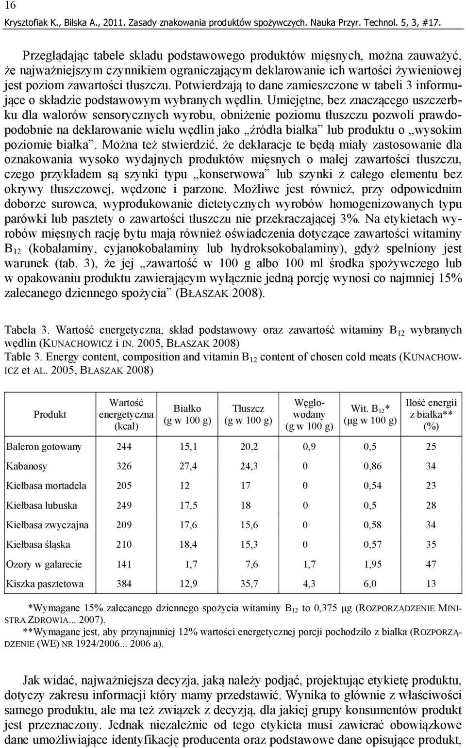 Potwierdzają to dane zamieszczone w tabeli 3 informujące o składzie podstawowym wybranych wędlin.