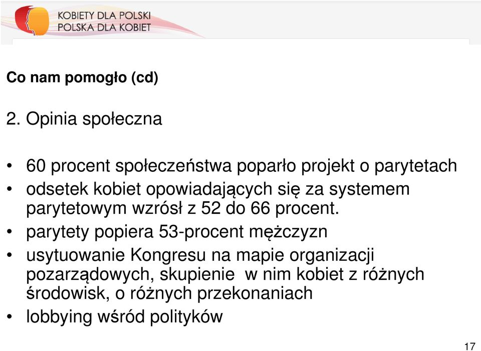 opowiadających się za systemem parytetowym wzrósł z 52 do 66 procent.