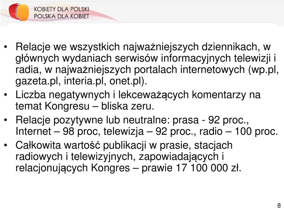 Liczba negatywnych i lekceważących komentarzy na temat Kongresu bliska zeru. Relacje pozytywne lub neutralne: prasa - 92 proc.