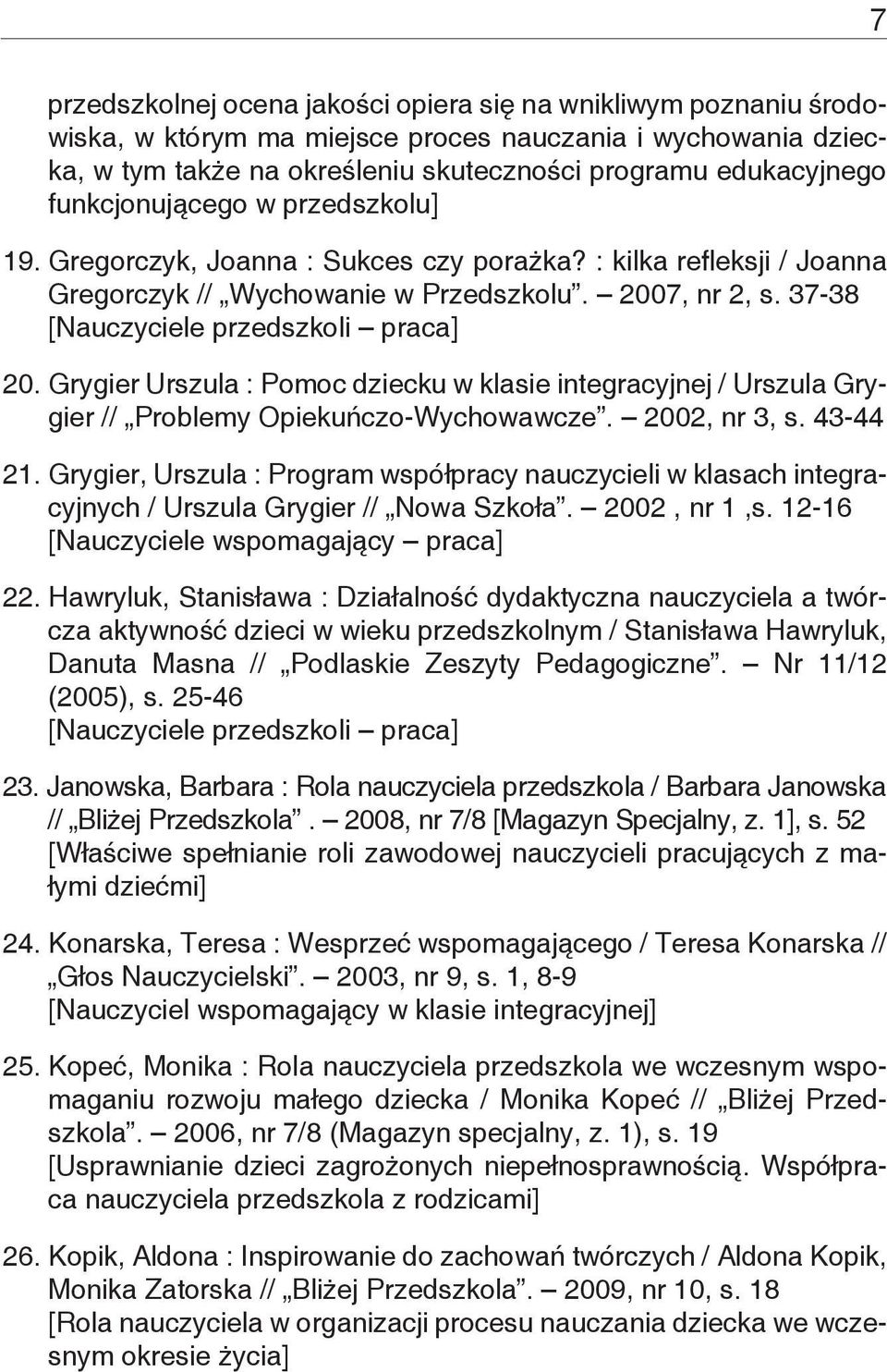 Grygier Urszula : Pomoc dziecku w klasie integracyjnej / Urszula Grygier // Problemy Opiekuńczo-Wychowawcze. 2002, nr 3, s. 43-44 21.