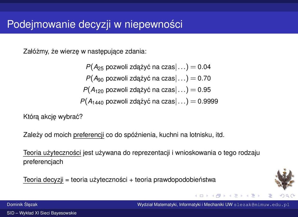 ..) = 0.9999 Zależy od moich preferencji co do spóźnienia, kuchni na lotnisku, itd.