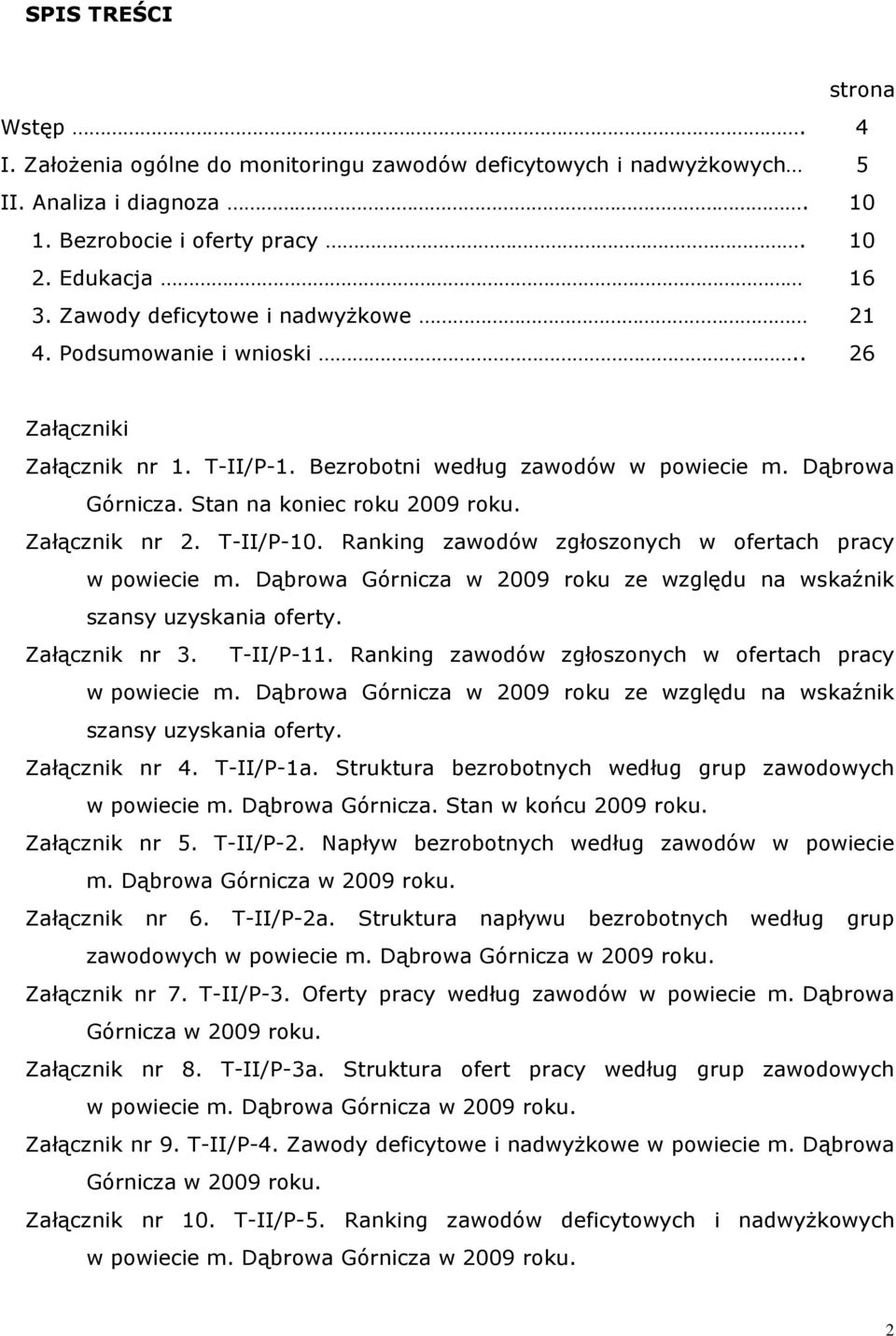 T-/P-10. Raning zawodów zgłoszonych w ofertach pracy w powiecie m. Dąbrowa Górnicza w 2009 rou ze względu na wsaźni szansy uzysania oferty. Załączni nr 3. T-/P-11.