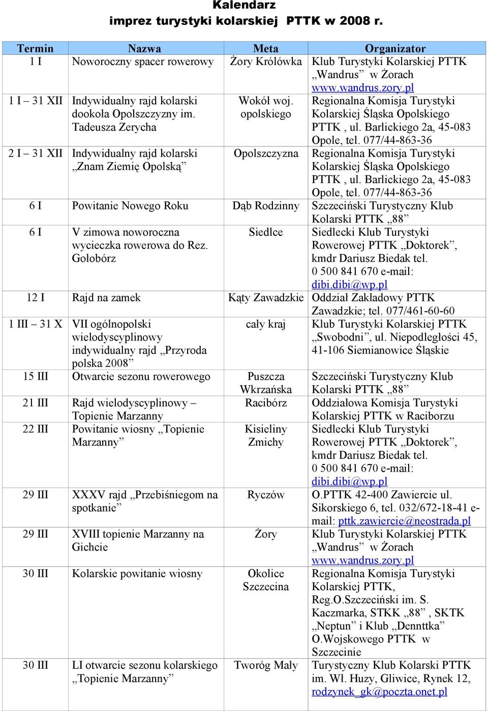 Barlickiego 2a, 45-083 Opole, tel. 077/44-863-36 2 I 31 XII Indywidualny rajd kolarski Znam Ziemię Opolską Opolszczyzna Regionalna Komisja Turystyki Kolarskiej Śląska Opolskiego PTTK, ul.