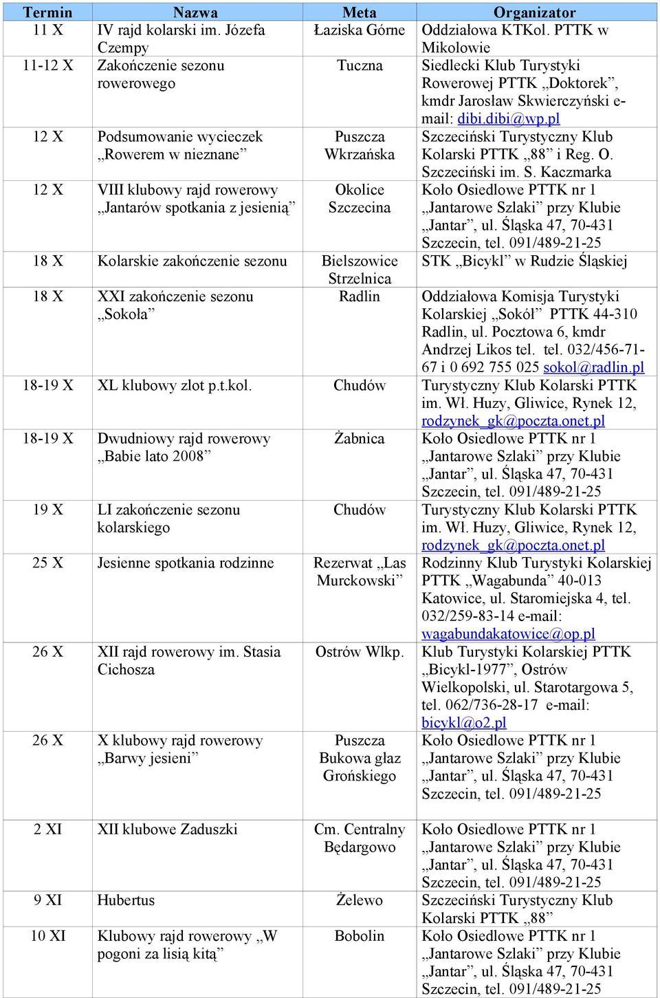 Jantarów spotkania z jesienią Puszcza Wkrzańska Okolice Szczecina 18 X Kolarskie zakończenie sezonu Bielszowice Strzelnica 18 X XXI zakończenie sezonu Radlin Sokoła mail: dibi.dibi@wp.