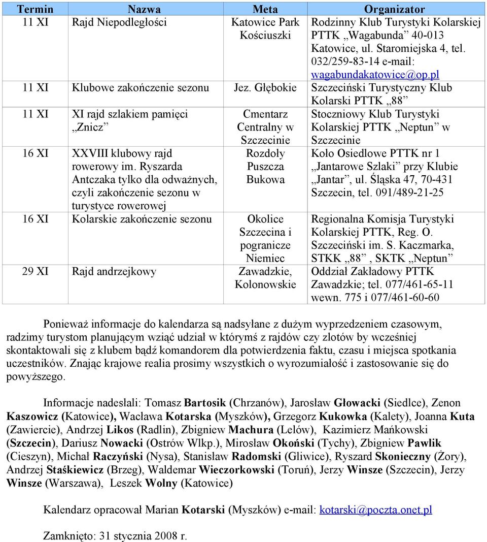 Ryszarda Antczaka tylko dla odważnych, czyli zakończenie sezonu w turystyce rowerowej Cmentarz Centralny w Rozdoły Puszcza Bukowa 16 XI Kolarskie zakończenie sezonu Okolice Szczecina i pogranicze