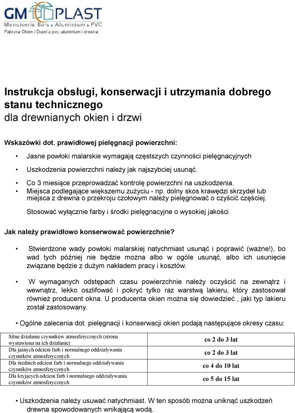 dolny skos krawędzi skrzydeł lub miejsca z drewna o przekroju czołowym należy pielęgnować o czyścić częściej.