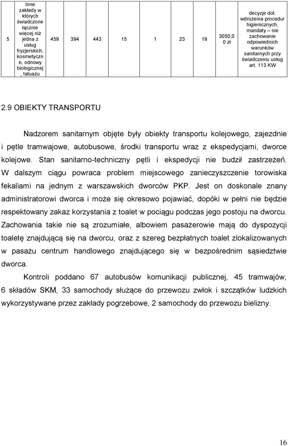 9 OBIEKTY TRANSPORTU Nadzorem sanitarnym objęte były obiekty transportu kolejowego, zajezdnie i pętle tramwajowe, autobusowe, środki transportu wraz z ekspedycjami, dworce kolejowe.