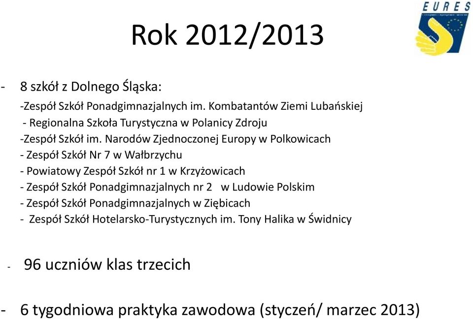 Narodów Zjednoczonej Europy w Polkowicach - Zespół Szkół Nr 7 w Wałbrzychu - Powiatowy Zespół Szkół nr 1 w Krzyżowicach - Zespół Szkół