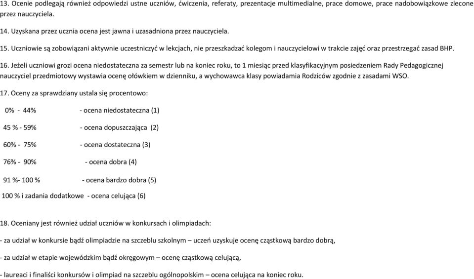 Uczniowie są zobowiązani aktywnie uczestniczyć w lekcjach, nie przeszkadzać kolegom i nauczycielowi w trakcie zajęć oraz przestrzegać zasad BHP. 16.