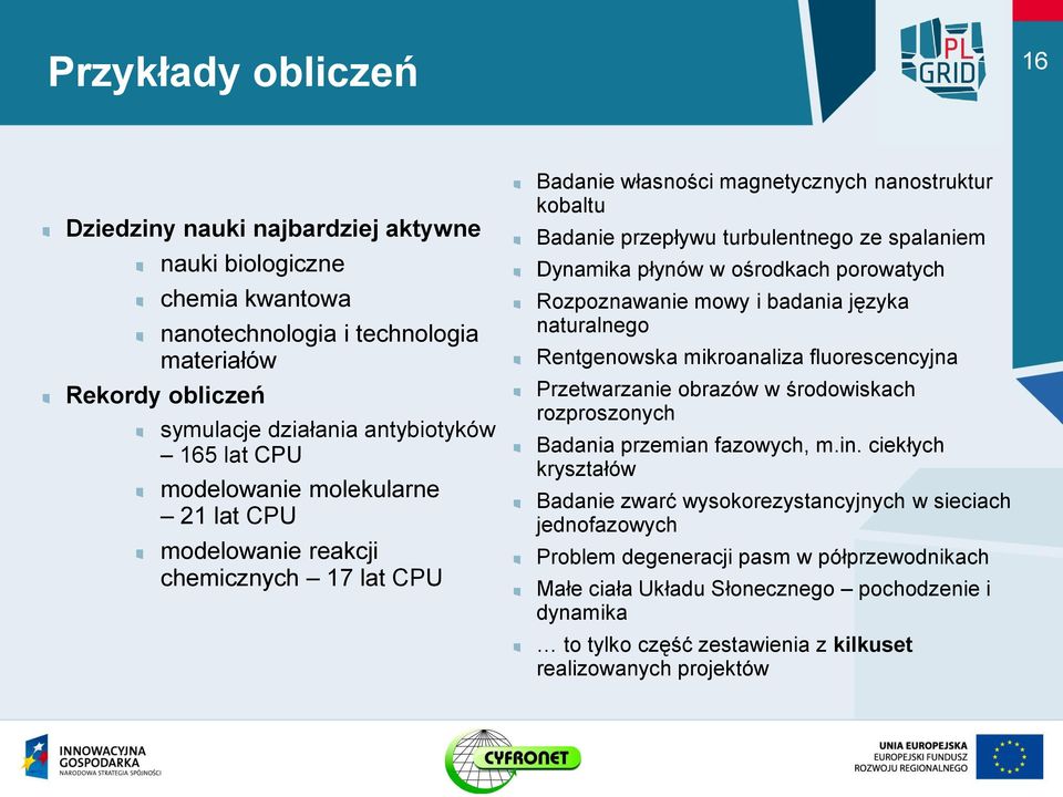 ośrodkach porowatych Rozpoznawanie mowy i badania języka naturalnego Rentgenowska mikroanaliza fluorescencyjna Przetwarzanie obrazów w środowiskach rozproszonych Badania przemian fazowych, m.in.