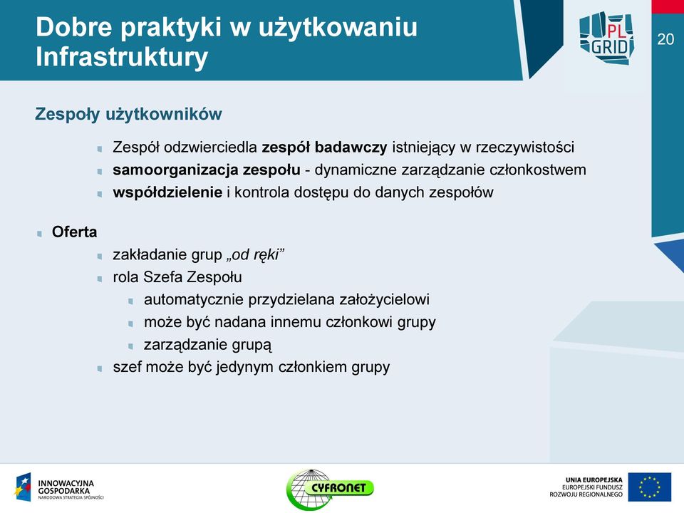 kontrola dostępu do danych zespołów Oferta zakładanie grup od ręki rola Szefa Zespołu automatycznie