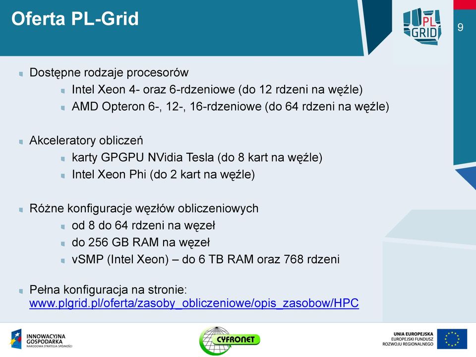 (do 2 kart na węźle) Różne konfiguracje węzłów obliczeniowych od 8 do 64 rdzeni na węzeł do 256 GB RAM na węzeł vsmp