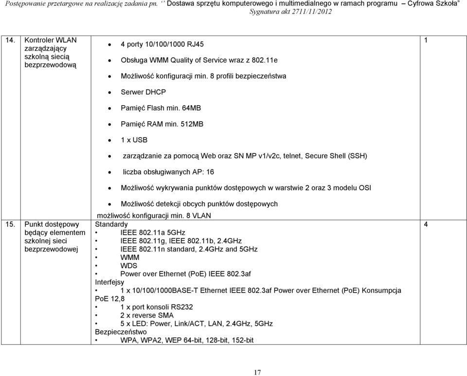 512MB 1 x USB zarządzanie za pomocą Web oraz SN MP v1/v2c, telnet, Secure Shell (SSH) liczba obsługiwanych AP: 16 Możliwość wykrywania punktów dostępowych w warstwie 2 oraz 3 modelu OSI 15.