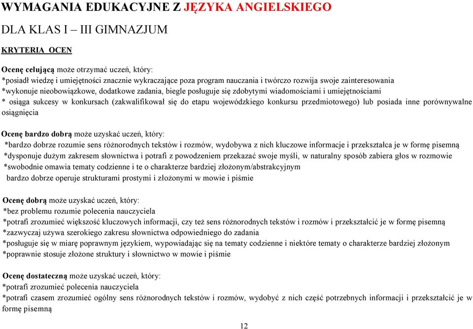 (zakwalifikował się do etapu wojewódzkiego konkursu przedmiotowego) lub posiada inne porównywalne osiągnięcia Ocenę bardzo dobrą może uzyskać uczeń, który: *bardzo dobrze rozumie sens różnorodnych