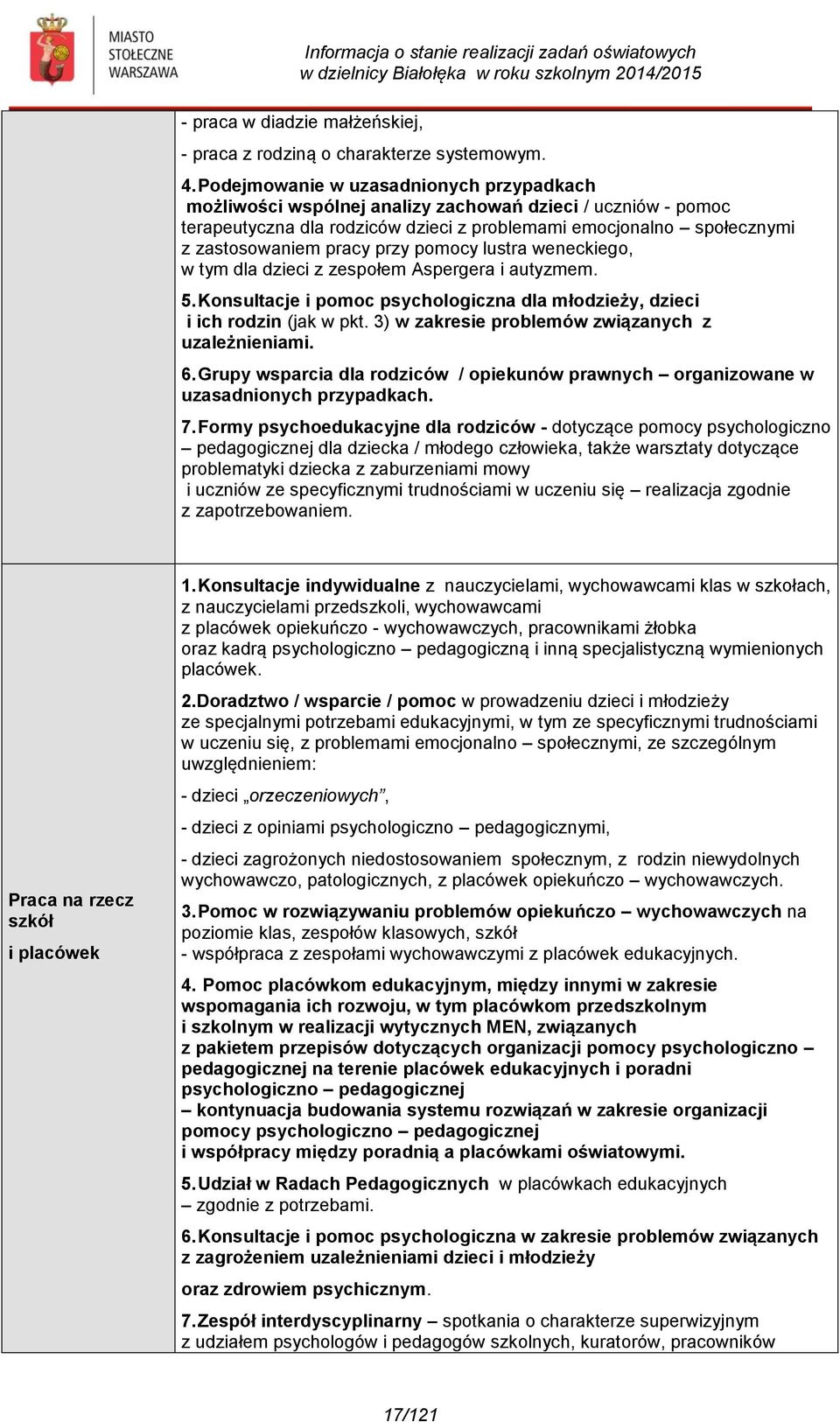 przy pomocy lustra weneckiego, w tym dla dzieci z zespołem Aspergera i autyzmem. 5. Konsultacje i pomoc psychologiczna dla młodzieży, dzieci i ich rodzin (jak w pkt.