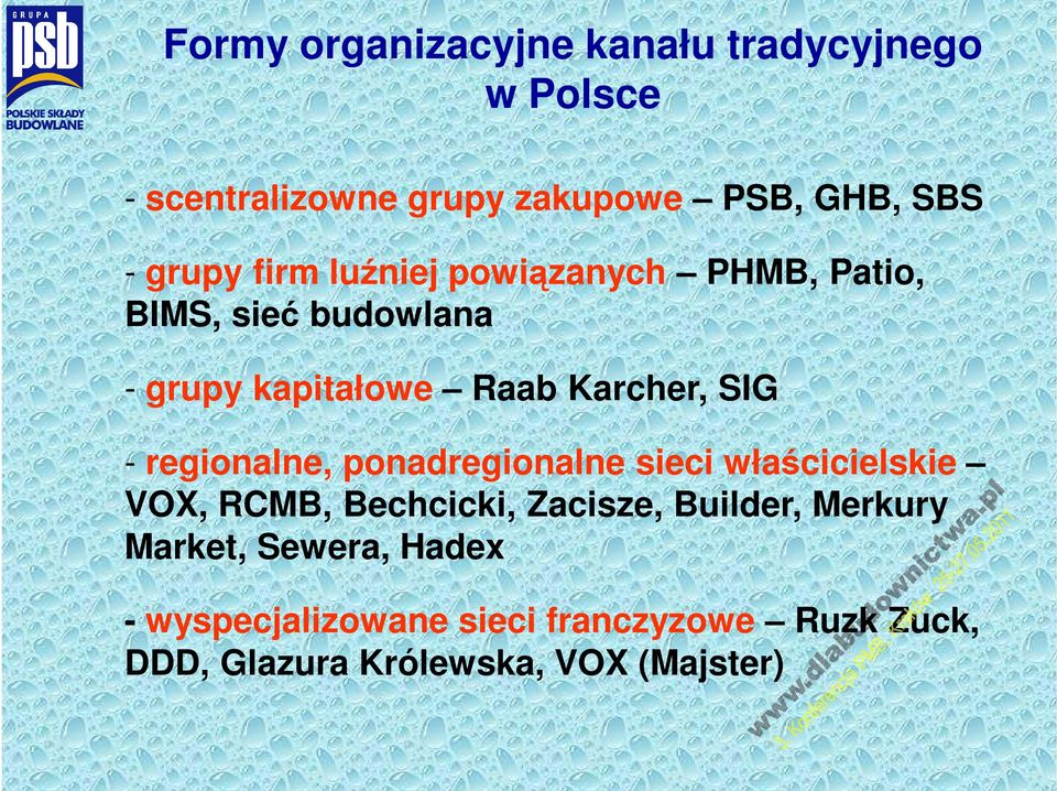 - regionalne, ponadregionalne sieci właścicielskie VOX, RCMB, Bechcicki, Zacisze, Builder, Merkury