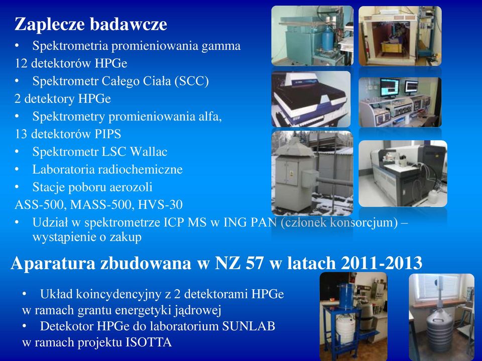 HVS-30 Udział w spektrometrze ICP MS w ING PAN (członek konsorcjum) wystąpienie o zakup Aparatura zbudowana w NZ 57 w latach 2011-2013