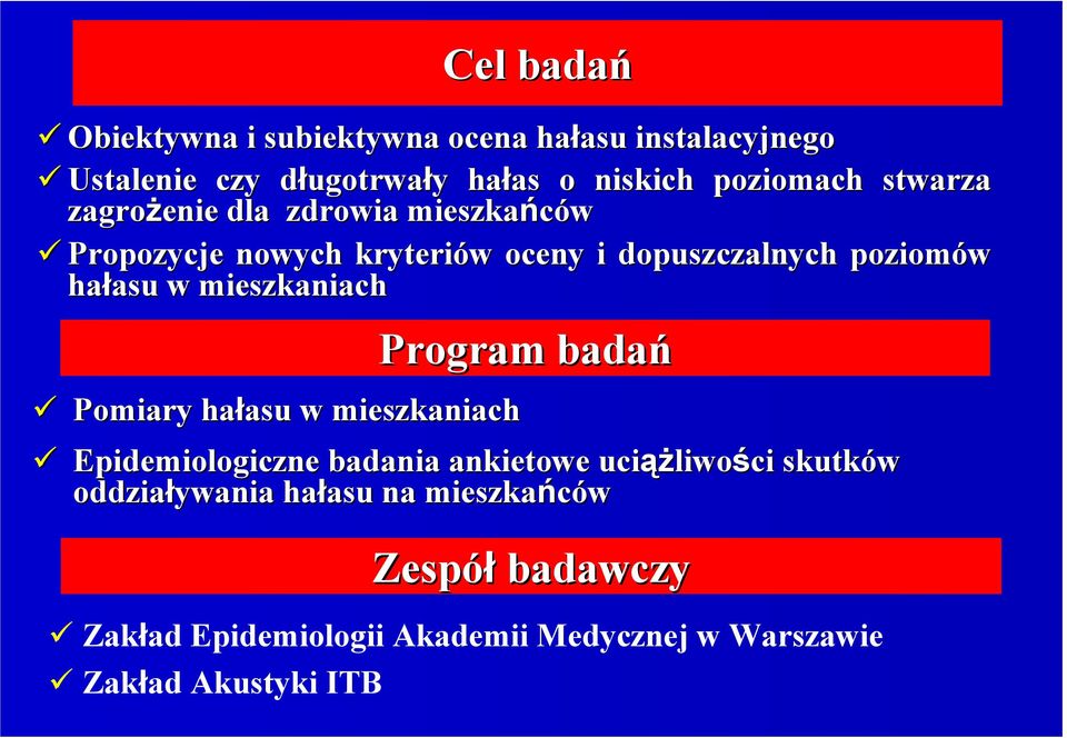 oceny i dopuszczalnych poziomów hałasu asu w mieszkaniach Program badań Epidemiologiczne badania ankietowe uciąŝ ąŝliwości