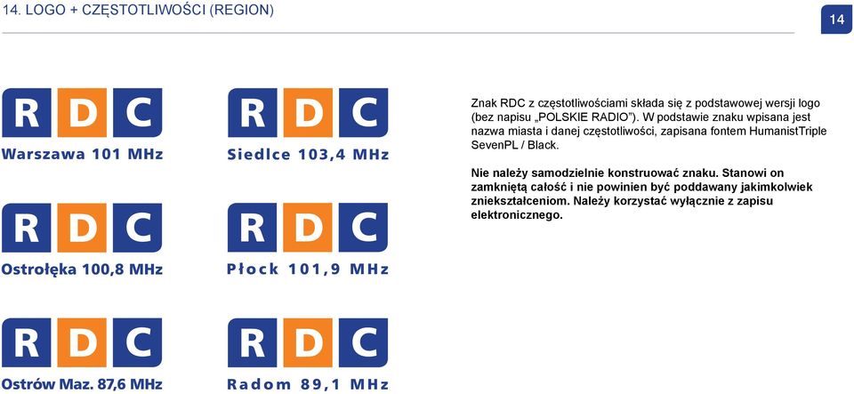 W podstawie znaku wpisana jest nazwa miasta i danej częstotliwości, zapisana fontem HumanistTriple SevenPL