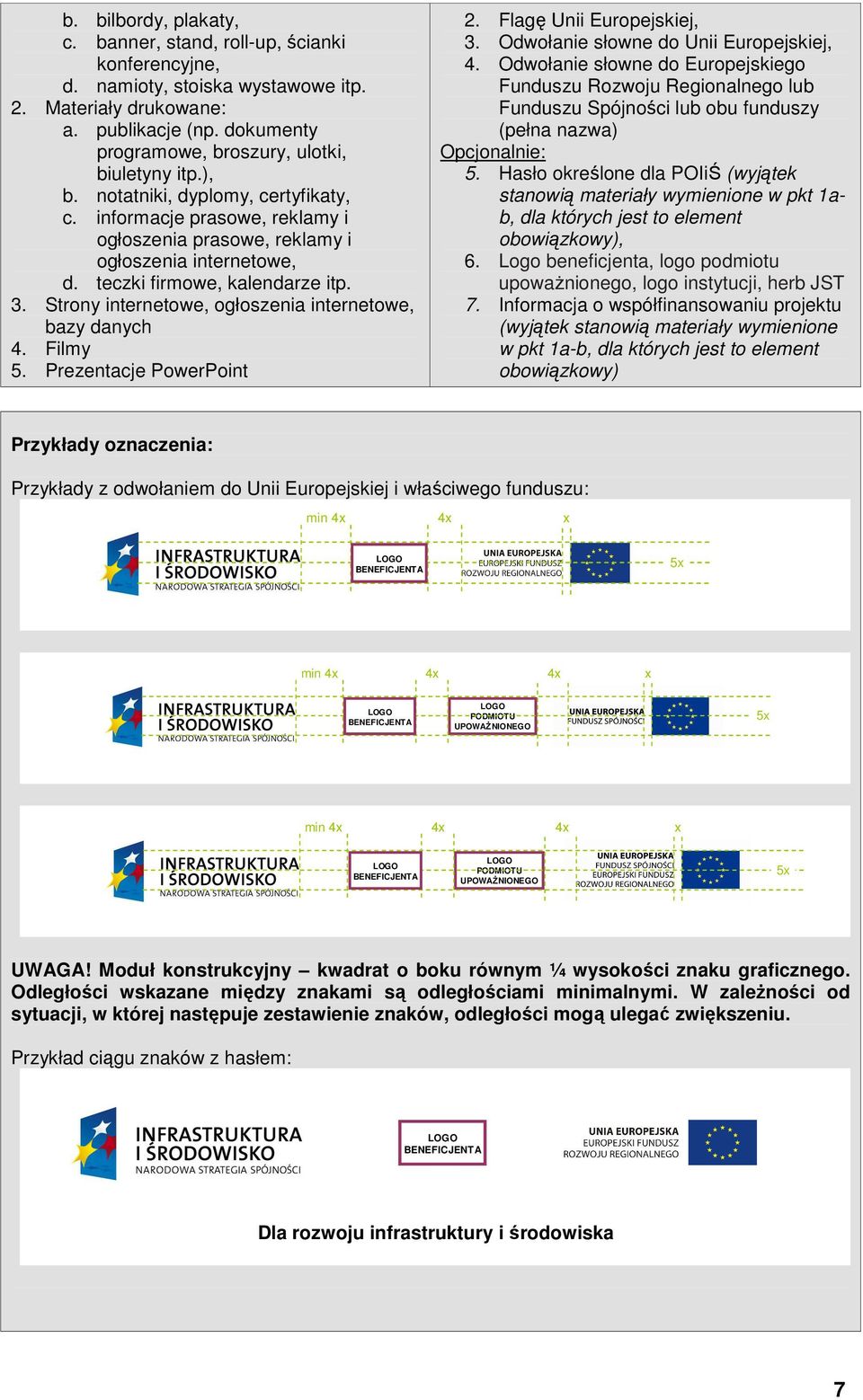 teczki firmowe, kalendarze itp. 3. Strony internetowe, ogłoszenia internetowe, bazy danych 4. Filmy 5. Prezentacje PowerPoint 2. Flagę Unii Europejskiej, 3. Odwołanie słowne do Unii Europejskiej, 4.