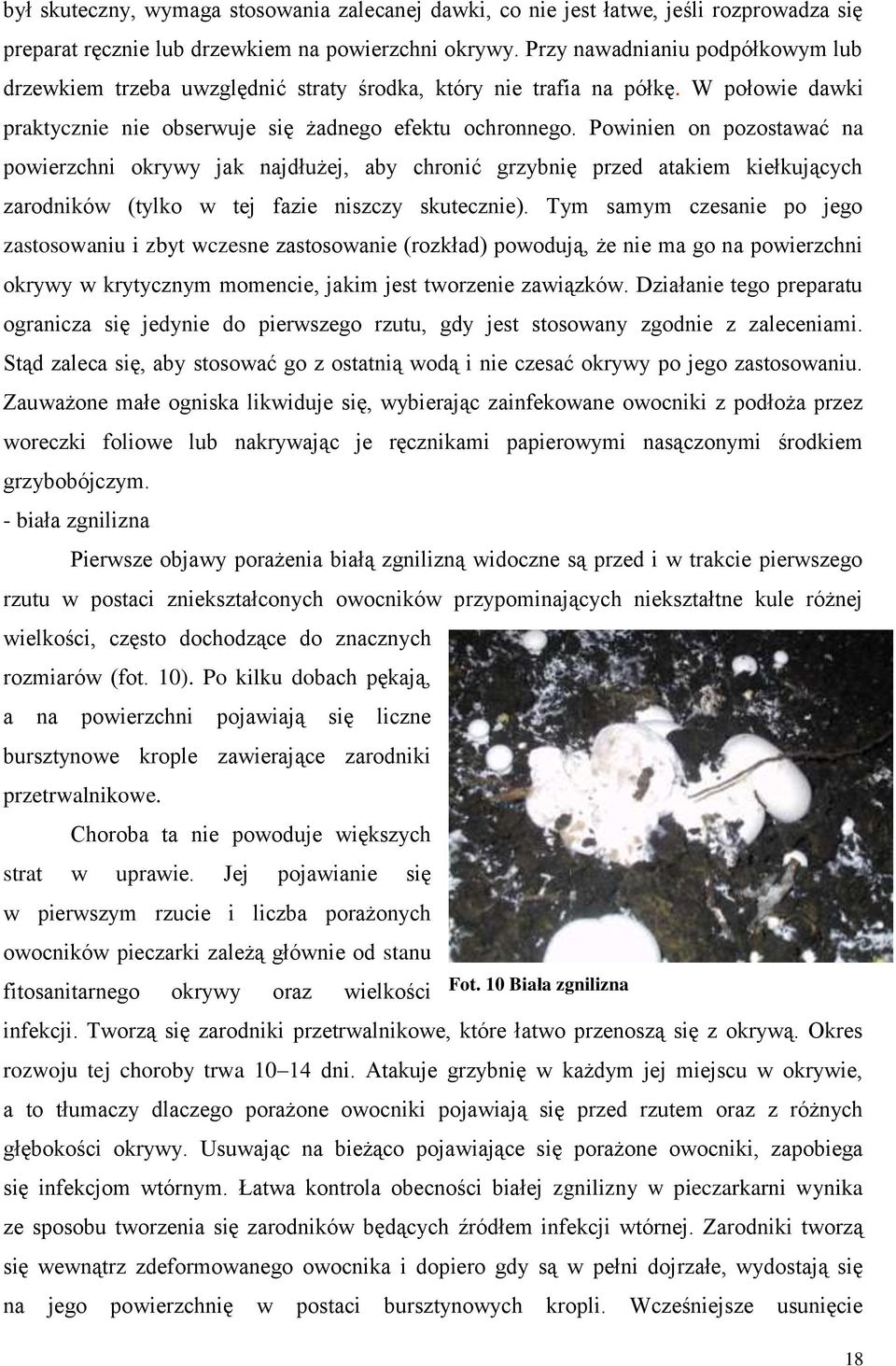 Powinien on pozostawać na powierzchni okrywy jak najdłużej, aby chronić grzybnię przed atakiem kiełkujących zarodników (tylko w tej fazie niszczy skutecznie).