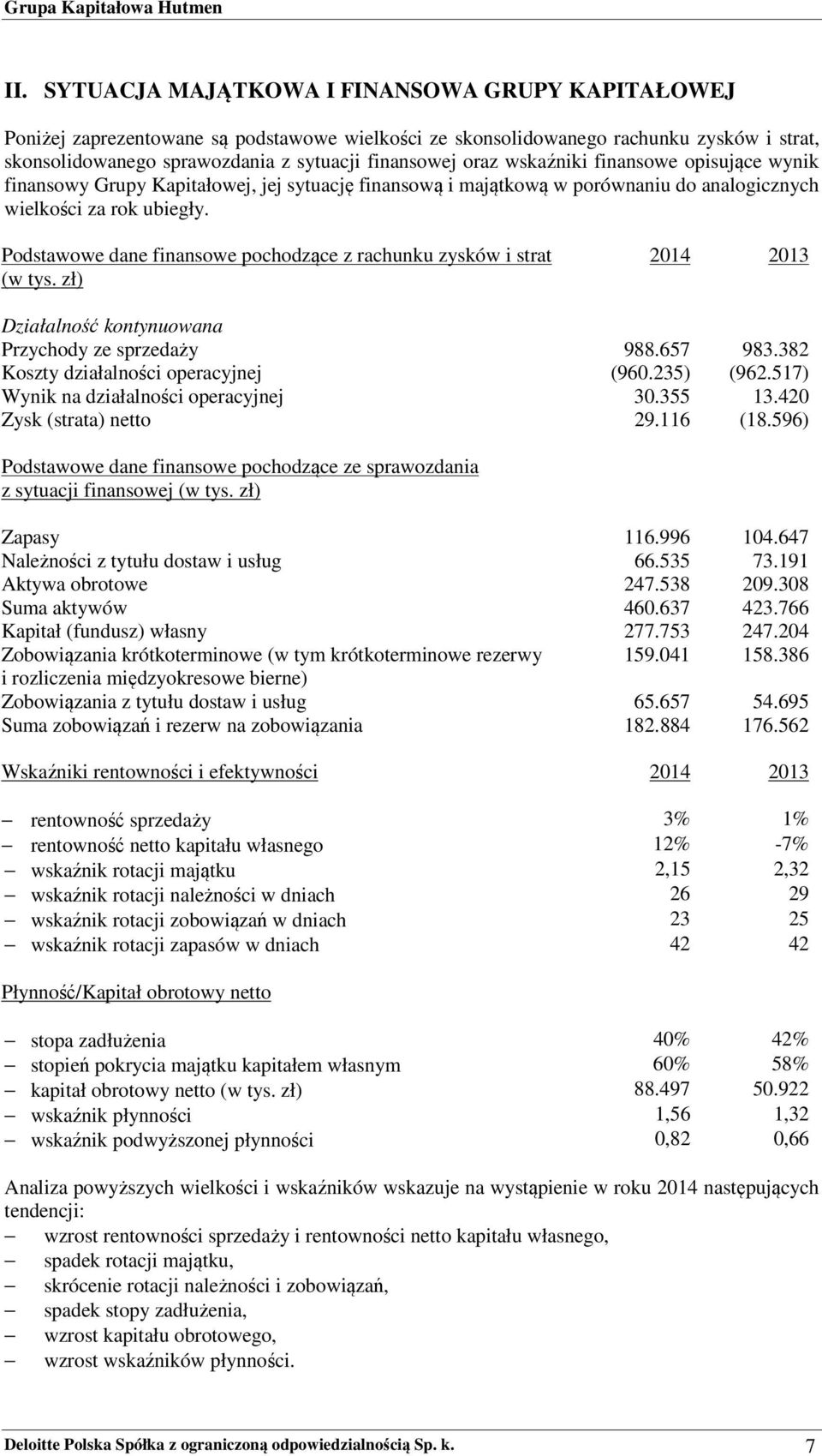 Podstawowe dane finansowe pochodzące z rachunku zysków i strat (w tys. zł) 2014 2013 Działalność kontynuowana Przychody ze sprzedaży 988.657 983.382 Koszty działalności operacyjnej (960.235) (962.