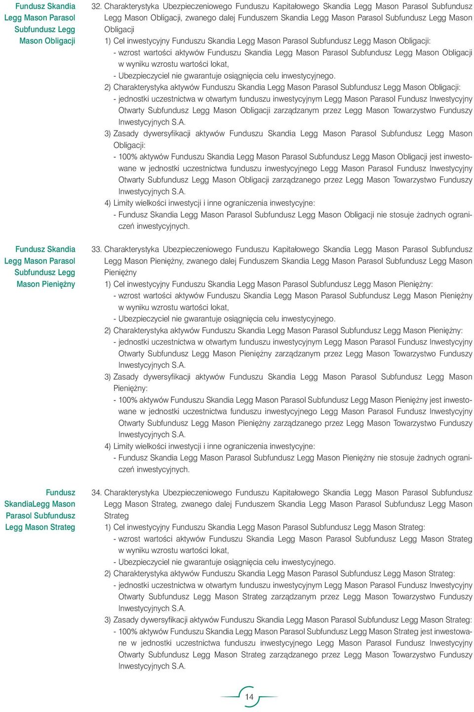 1) Cel inwestycyjny Funduszu Skandia Legg Mason Parasol Subfundusz Legg Mason Obligacji: - wzrost wartoêci aktywów Funduszu Skandia Legg Mason Parasol Subfundusz Legg Mason Obligacji w wyniku wzrostu