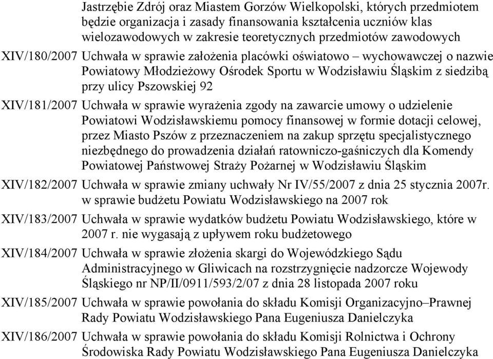 XIV/181/2007 Uchwała w sprawie wyrażenia zgody na zawarcie umowy o udzielenie Powiatowi Wodzisławskiemu pomocy finansowej w formie dotacji celowej, przez Miasto Pszów z przeznaczeniem na zakup